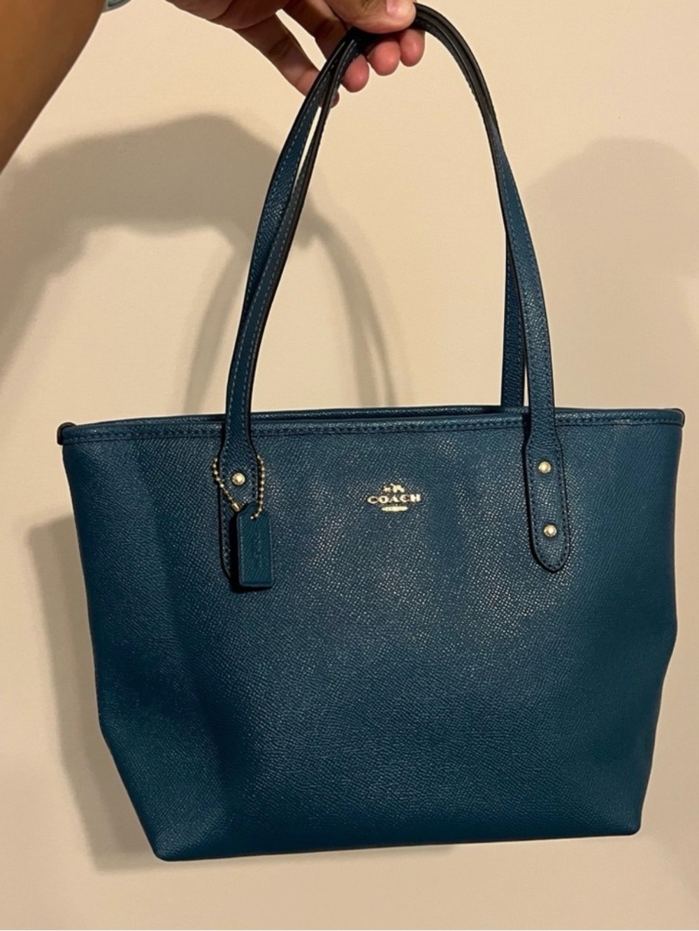 Coach Teal Saffiano Leather Tote with Gold Hardware